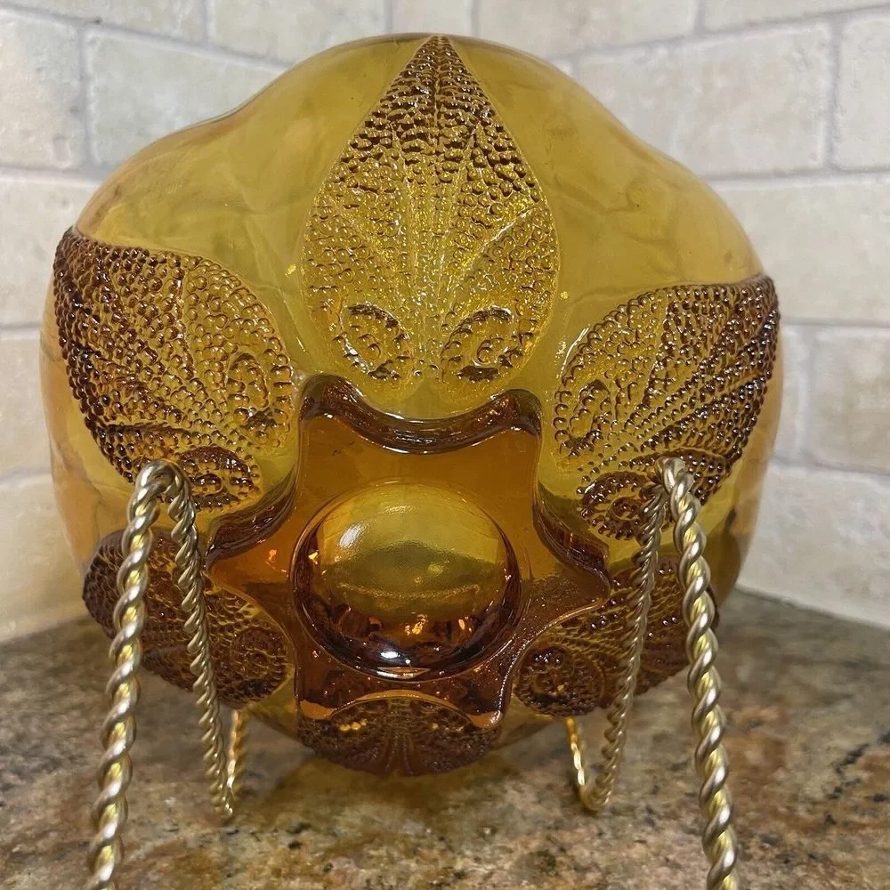 Anchor Hocking Dish Bowl 6.5x3 Inch Amber Glass Renaissance Flower Bloom Pattern